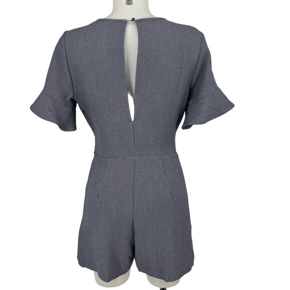 Line And Dot Flounce Sleeve Romper Small Blue Belted Open Keyhole Button Pockets - Picture 3 of 10